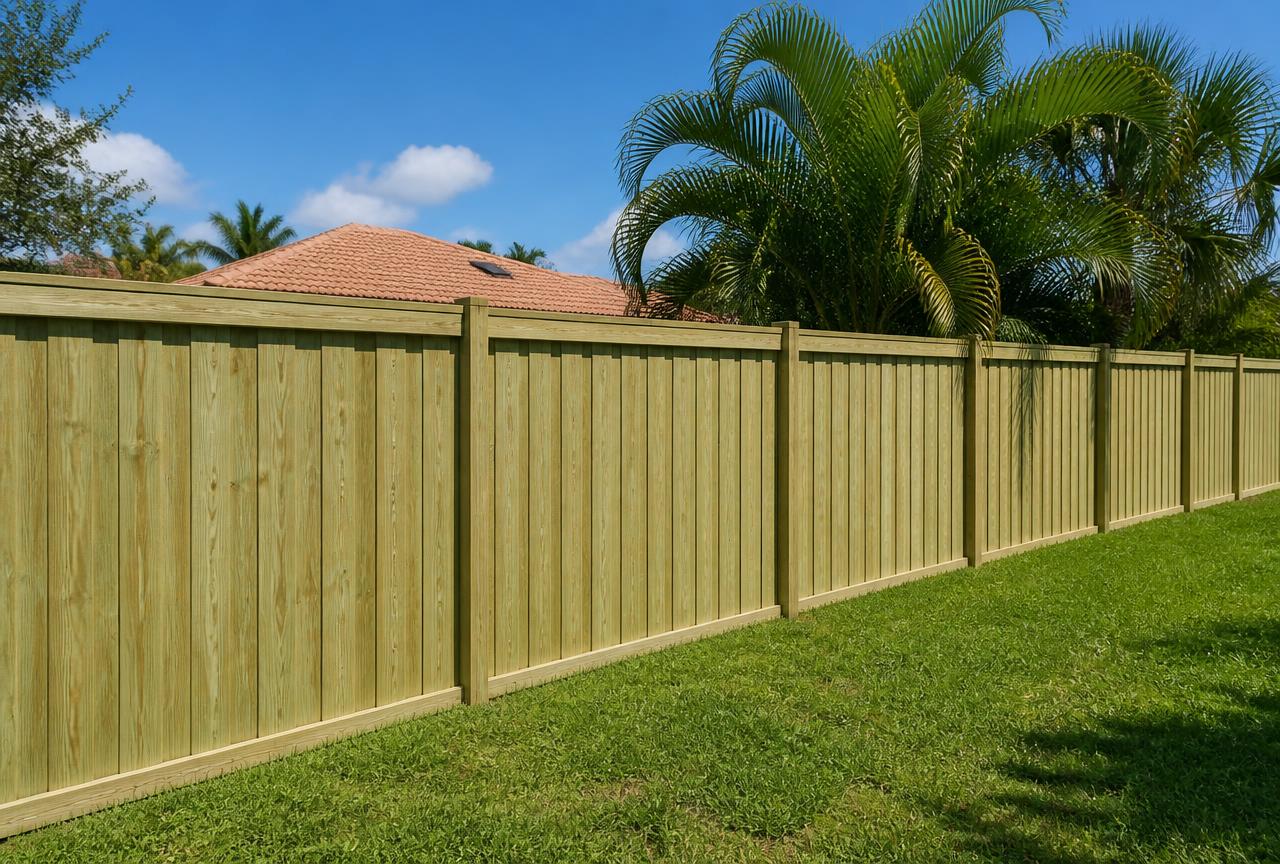 Pressure-treated wood privacy fence installed in a Florida backyard